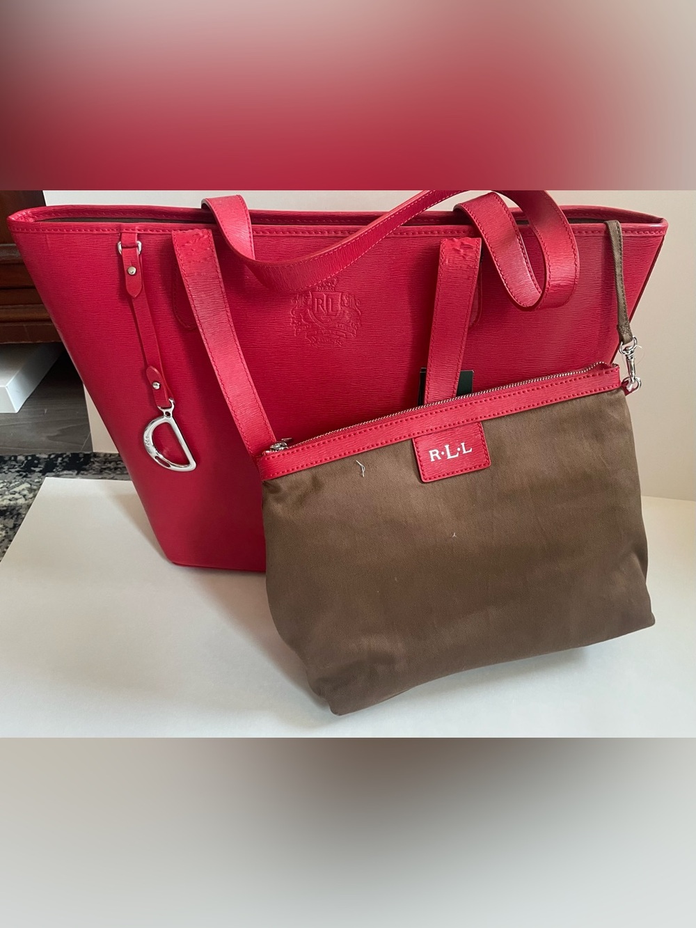 Lauren Ralph Lauren Newbury Classic Tote Red with Charm - Picture 2 of 14